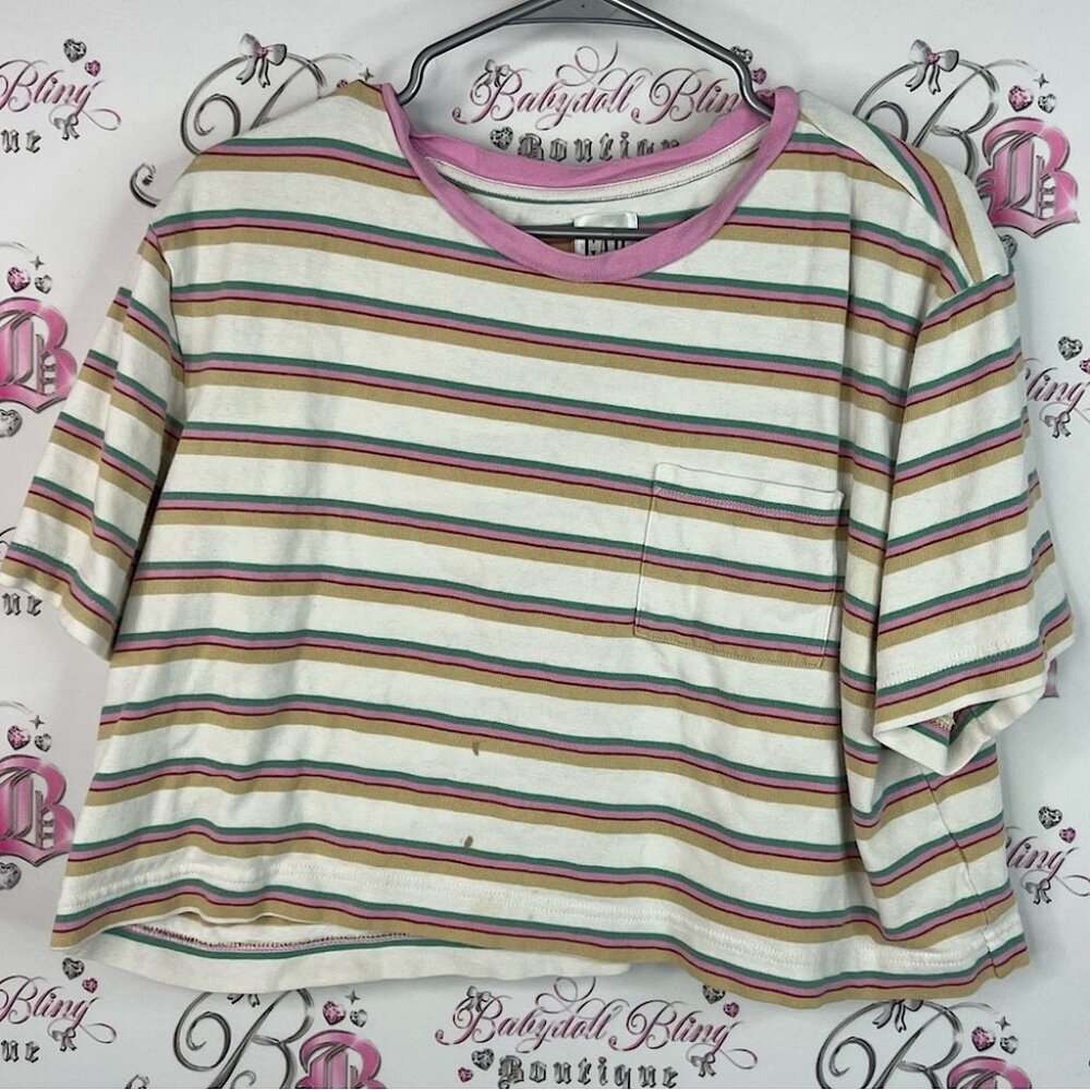 GAP tshirt tee cropped crop Multicolor Striped Tee with Pink Trim